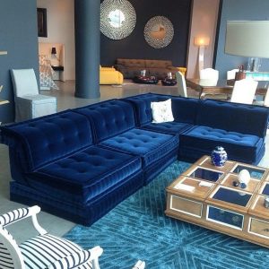 dark blue velvet fabric corner sofa