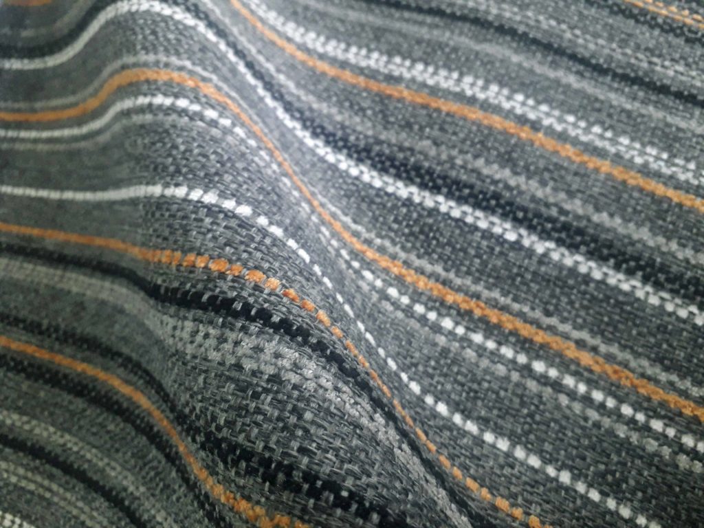 Gunmetal and orange Lomond stripe fire retardant upholstery fabric